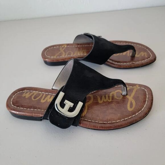 Sam Edelman Barry Suede Black Flat Sandals Women Size 7 Slip On Logo Slide Shoes - Picture 3 of 8